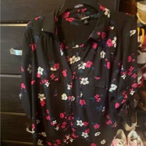 Torrid Black Blouse with Pink and White Floral Design